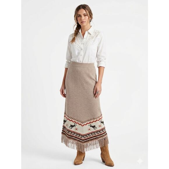 Double D Ranch Dresses & Skirts - NWT Double D Ranch Lambs Wool Skirt Sz M Fringe Leather Trim Western Deer Rare